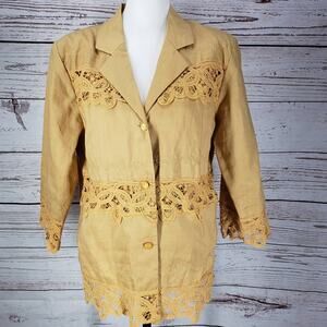 Lino U.S.A. Yellow 100%Linen Embroidered Lace Detail Top Size Small